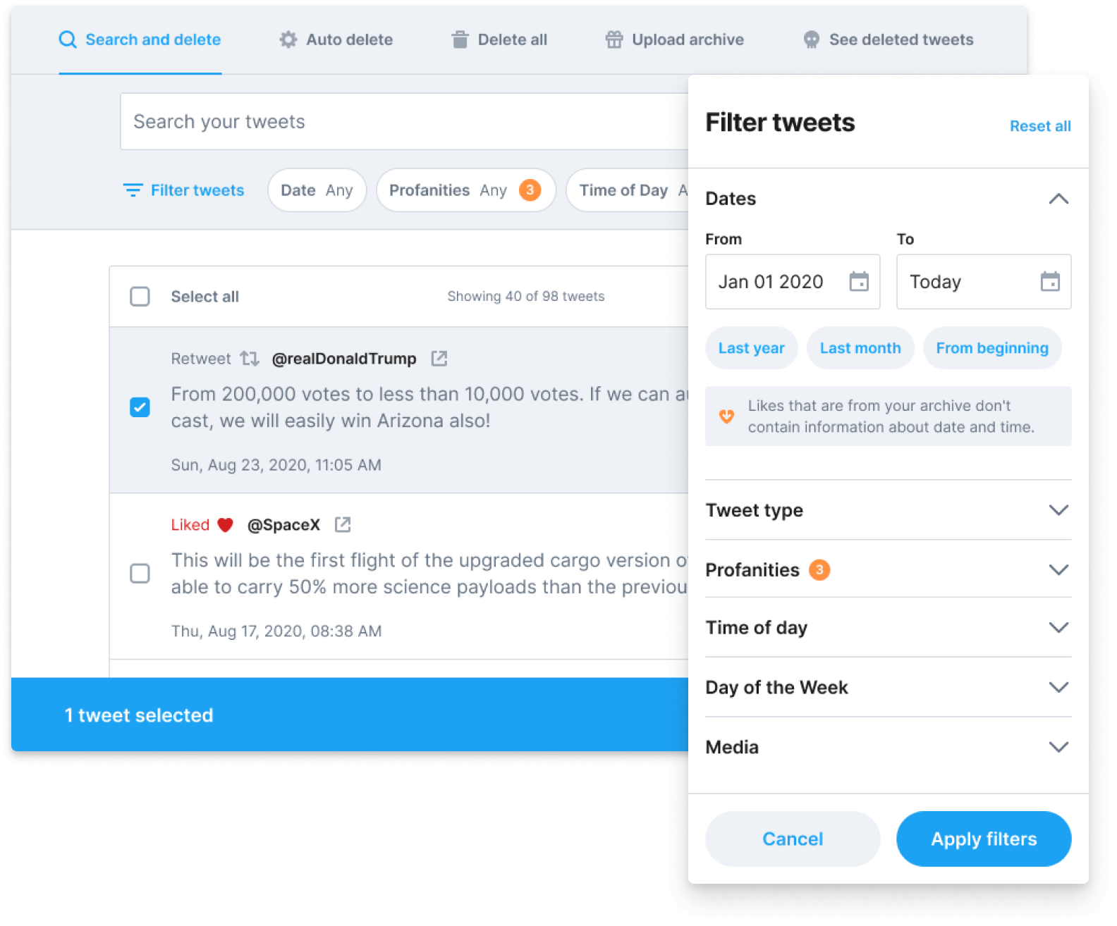 Screenshot of Tweetdeleter’s interface for browsing and deleting tweets